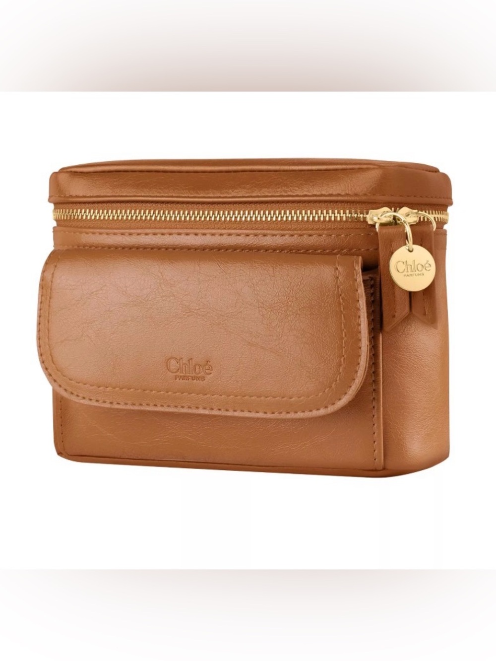 Chloe Tan Vegan Leather Cosmetic Case with Front Pocket and Gold Toned Toggle